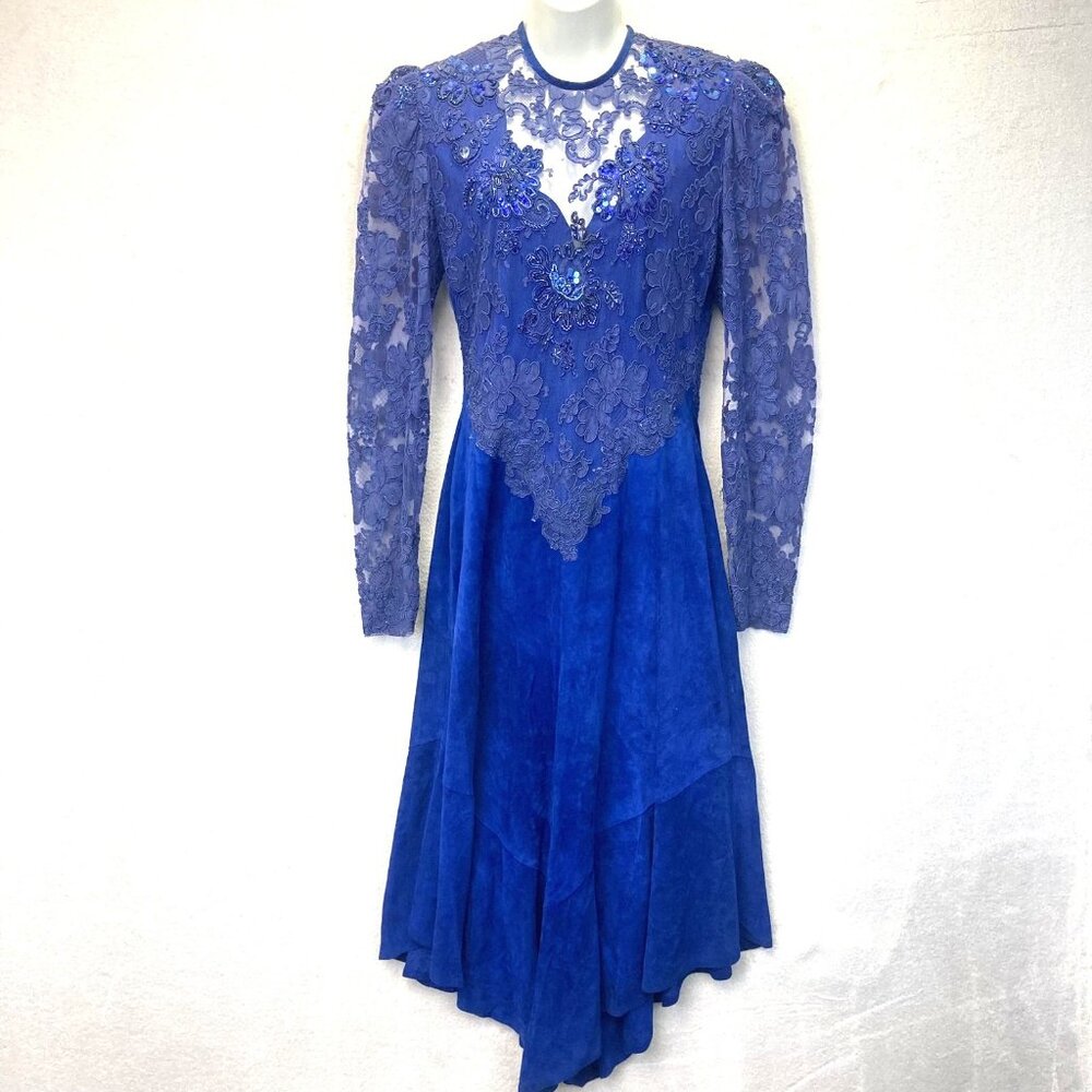 Vintage 80s Handmade Lace Beaded Midi Dress Womens 6 Blue Sequins Suede Regency‎